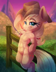 Size: 1564x2000 | Tagged: safe, artist:discorded, derpibooru import, applejack, earth pony, pony, semi-anthro, abs, applejacked, armpits, atg 2018, bipedal, cowboy hat, female, fence, freckles, hat, hay stalk, haystack, leaning, leaning back, mare, muscles, newbie artist training grounds, redraw, sitting, solo, stetson, straw in mouth, sunset