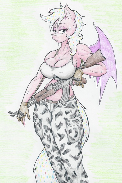 Size: 3905x5847 | Tagged: questionable, artist:flicker-show, derpibooru import, oc, unofficial characters only, anthro, bat pony, ak-47, anthro oc, assault rifle, bat pony oc, big breasts, breasts, clothes, erect nipples, female, gun, lidded eyes, looking at you, nipple outline, pants, rifle, solo, solo female, sweat, tanktop, traditional art, weapon