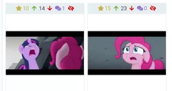 Size: 705x374 | Tagged: safe, derpibooru import, screencap, pinkie pie, twilight sparkle, twilight sparkle (alicorn), alicorn, pony, derpibooru, my little pony: the movie, angry, female, juxtaposition, meta