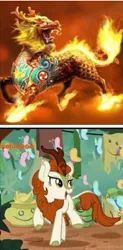 Size: 354x717 | Tagged: autumn blaze, cloven hooves, comparison, cropped, derpibooru import, edit, edited screencap, fire, kirin, safe, screencap, sounds of silence