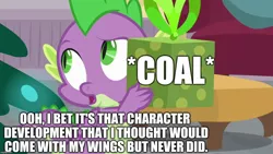 Size: 1280x720 | Tagged: safe, derpibooru import, edit, edited screencap, editor:useraccount, screencap, spike, dragon, the hearth's warming club, coal, go to sleep garble, hearth's warming, hearth's warming eve, image macro, meme, present, shitposting, spikeabuse, winged spike