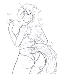 Size: 2550x3300 | Tagged: anthro, anthro oc, artist:askbubblelee, ass, body freckles, breasts, clothes, derpibooru import, female, freckles, looking back, mare, mobile phone, monochrome, oc, oc:bubble lee, panties, phone, rear view, selfie, simple background, sketch, solo, solo female, suggestive, underwear, unofficial characters only, wedgie, white background