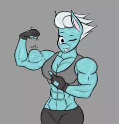 Size: 2342x2450 | Tagged: 1000 years in photoshop, abs, anthro, artist:calm wind, artist:matchstickman, biceps, breasts, busty fleetfoot, clothes, derpibooru import, fleetflex, fleetfoot, flexing, gloves, muscles, no tail, one eye closed, safe, sports bra, wingless, wingless anthro, wink, workout outfit