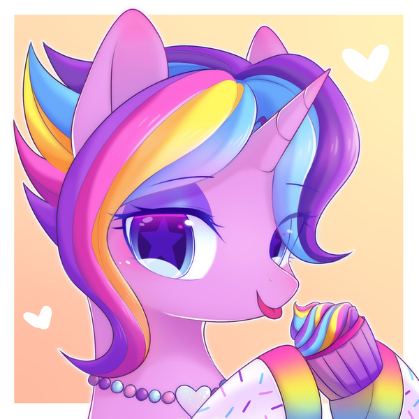 Size: 1800x1800 | Tagged: safe, artist:leafywind, derpibooru import, oc, oc:glittersweet, unofficial characters only, pony, unicorn, bedroom eyes, bust, cupcake, cute, eyeshadow, female, food, heart, jewelry, looking at you, makeup, mare, necklace, portrait, rainbow cupcake, solo, stars, tongue out