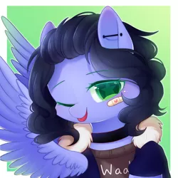 Size: 2000x2000 | Tagged: safe, artist:leafywind, derpibooru import, oc, oc:justly sky, unofficial characters only, pegasus, pony, bandaid, bust, clothes, cute, ear piercing, female, looking at you, mare, one eye closed, piercing, portrait, solo, stars, tongue out, wink