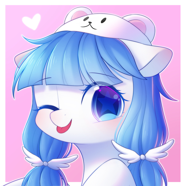 Size: 2000x2000 | Tagged: safe, artist:leafywind, derpibooru import, oc, oc:white bear, unofficial characters only, pony, blushing, bust, clothes, female, hat, heart, mare, one eye closed, portrait, solo, stars, tongue out, wink