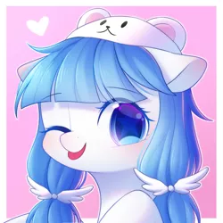 Size: 2000x2000 | Tagged: safe, artist:leafywind, derpibooru import, oc, oc:white bear, unofficial characters only, pony, blushing, bust, clothes, female, hat, heart, mare, one eye closed, portrait, solo, stars, tongue out, wink