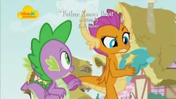 Size: 1024x576 | Tagged: confused, derpibooru import, dragon, dragoness, duo, father knows beast, female, josh haber, male, nickelodeon, opening credits, raised eyebrow, safe, screencap, smolder, spike, throw pillow, winged spike