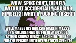 Size: 888x499 | Tagged: abuse, crash, crashing, derpibooru import, downvote bait, dragon, edit, edited screencap, editor:useraccount, excessive exclamation marks, father knows beast, funny, go to sleep garble, image macro, implied spike's dad, meme, misspelling, safe, screencap, shitposting, spike, spikeabuse, tree, vulgar, winged spike