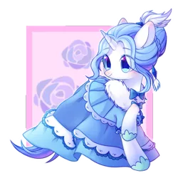 Size: 2000x2000 | Tagged: safe, artist:leafywind, derpibooru import, oc, oc:snow rose, unofficial characters only, pony, unicorn, blue dress, blushing, bow, bowtie, clothes, commission, cute, dress, female, flower, mare, simple background, smiling, solo, starry eyes, stars, transparent background, wingding eyes