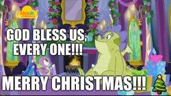 Size: 1024x576 | Tagged: a christmas carol, christmas, derpibooru import, dragon, duo, edit, edited screencap, editor:useraccount, father knows beast, fireplace, god, hearth's warming, hearth's warming eve, holiday, image macro, meme, religion, safe, screencap, spike, winged spike