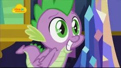 Size: 1024x576 | Tagged: safe, derpibooru import, screencap, spike, dragon, father knows beast, adorable face, baby, baby dragon, big eyes, cute, eyebrows, folded wings, green eyes, grin, log, logo, male, nick jr., smiling, spikabetes, twilight's castle, watermark, winged spike, wings