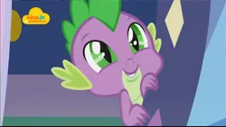 Size: 1024x576 | Tagged: safe, derpibooru import, screencap, spike, dragon, father knows beast, adorable face, baby, baby dragon, claws, cute, door, doorway, eyebrows, green eyes, logo, male, nick jr., smiling, spikabetes, twilight's castle, watermark, winged spike