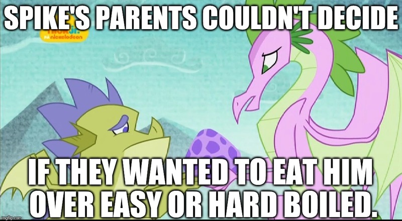 Size: 1047x576 | Tagged: abuse, caption, derpibooru import, dragon, edit, edited screencap, editor:useraccount, egg, father knows beast, go to sleep garble, image macro, meme, safe, screencap, shitposting, sludge (dragon), spike, spikeabuse, spike's egg, spike's fake mother