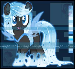 Size: 1704x1554 | Tagged: safe, artist:auroracursed, derpibooru import, oc, unofficial characters only, changeling, adoptable, advertisement, auction, blue changeling, changeling oc, commission, cute, cute little fangs, digital art, fangs, female, happy, looking at you, obtrusive watermark, ocbetes, open mouth, smiling, solo, watermark, ych example, your character here