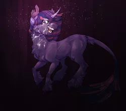 Size: 1024x907 | Tagged: safe, artist:biakela, derpibooru import, twilight sparkle, classical unicorn, pony, unicorn, abstract background, chest fluff, cloven hooves, corrupted, corrupted twilight sparkle, cracked, cracked horn, curved horn, female, head turn, leonine tail, mare, open mouth, raised hoof, sharp teeth, solo, teeth, torn ear, unicorn twilight, unshorn fetlocks