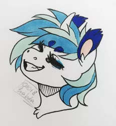 Size: 1024x1106 | Tagged: safe, artist:biakela, derpibooru import, vinyl scratch, pony, unicorn, bust, colored ears, curved horn, eyes closed, female, mare, missing accessory, simple background, smiling, solo, white background