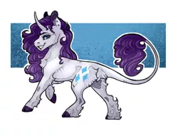 Size: 1023x783 | Tagged: safe, artist:biakela, derpibooru import, rarity, classical unicorn, pony, unicorn, abstract background, cloven hooves, colored ears, colored hooves, curved horn, cutie mark, ear piercing, earring, female, fluffy, jewelry, leonine tail, lip piercing, looking at you, mare, piercing, sidemouth, smiling, solo, unshorn fetlocks