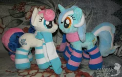 Size: 4195x2640 | Tagged: safe, artist:allunacraft, derpibooru import, bon bon, lyra heartstrings, sweetie drops, earth pony, pony, unicorn, clothes, female, high res, irl, lesbian, lyrabon, photo, plushie, scarf, shipping, socks, striped socks