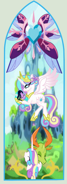 Size: 236x649 | Tagged: safe, artist:owocrystalcatowo, derpibooru import, thorax, oc, oc:aurora heart, oc:crystal heart, changedling, changeling, pony, baby, baby pony, king thorax, stained glass