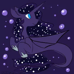 Size: 800x800 | Tagged: abstract background, artist:draikinator, bat wings, derpibooru import, ethereal mane, female, floppy ears, looking over shoulder, mare, merpony, princess luna, safe, seaponified, seapony (g4), smiling, solo, species swap, starry mane