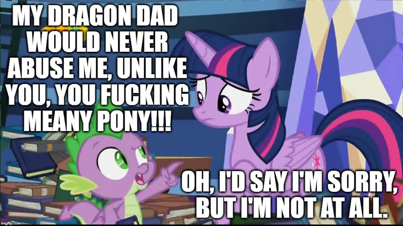 Size: 1024x576 | Tagged: abuse, alicorn, book, derpibooru import, dialogue, downvote bait, dragon, edit, edited screencap, editor:useraccount, excessive exclamation marks, father knows beast, go to sleep garble, image macro, meme, safe, screencap, shitposting, spike, spikeabuse, twilight sparkle, twilight sparkle (alicorn), vulgar, winged spike