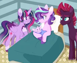 Size: 1024x830 | Tagged: safe, artist:leviostars, derpibooru import, fizzlepop berrytwist, starlight glimmer, tempest shadow, twilight sparkle, twilight sparkle (alicorn), oc, oc:twilight tracker, alicorn, pony, unicorn, baby, baby pony, bed, blushing, broken horn, chest fluff, colored hooves, colored wings, colored wingtips, curved horn, cute, cutie mark, ear fluff, eye scar, eyes closed, female, foal, folded wings, frown, grin, hair over one eye, hoof on chest, horn, hospital, lesbian, lidded eyes, looking down, magical lesbian spawn, male, mare, newborn, ocbetes, offspring, parent:starlight glimmer, parent:tempest shadow, parents:tempestglimmer, rainbow power, scar, shipping, sleeping, smiling, star (coat marking), tempestglimmer, wings