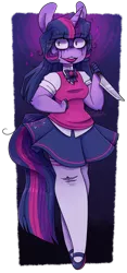 Size: 849x1814 | Tagged: anthro, artist:drmedrick, bow, breasts, busty twilight sparkle, clothes, creepy, creepy smile, derpibooru import, knife, lipstick, mary janes, mascara, messy mane, messy tail, plantigrade anthro, pleated skirt, running mascara, semi-grimdark, shirt, shoes, shrunken pupils, simple background, skirt, smiling, socks, thigh highs, torn clothes, transparent background, twilight sparkle, vest, zettai ryouiki