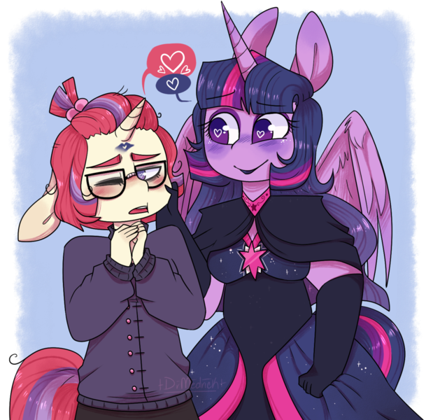 Size: 1280x1261 | Tagged: safe, artist:drmedrick, derpibooru import, moondancer, twilight sparkle, twilight sparkle (alicorn), alicorn, anthro, unicorn, black dress, blushing, cheek pinch, clothes, dress, evening gloves, female, glasses, gloves, hair tie, heart, heart eyes, lesbian, long gloves, looking away, mare, one eye closed, open mouth, pictogram, shipping, simple background, sweater, transparent background, twidancer, wingding eyes