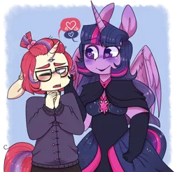 Size: 1280x1261 | Tagged: safe, artist:drmedrick, derpibooru import, moondancer, twilight sparkle, twilight sparkle (alicorn), alicorn, anthro, unicorn, black dress, blushing, cheek pinch, clothes, dress, evening gloves, female, glasses, gloves, hair tie, heart, heart eyes, lesbian, long gloves, looking away, mare, one eye closed, open mouth, pictogram, shipping, simple background, sweater, transparent background, twidancer, wingding eyes