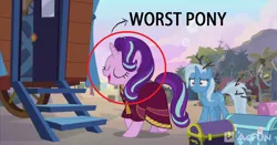 Size: 1364x716 | Tagged: safe, derpibooru import, edit, edited screencap, screencap, starlight glimmer, trixie, pony, unicorn, road to friendship, abuse, clothes, downvote bait, drama, duo, female, glimmerbuse, mare, messy mane, op is worst op, robe, starlight drama, worst pony