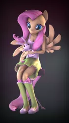 Size: 5400x9600 | Tagged: 3d, abstract background, absurd file size, absurd resolution, angel bunny, anthro, artist:imafutureguitarhero, boots, breasts, bust, chromatic aberration, cleavage, clothes, derpibooru import, duo, equestria girls outfit, female, film grain, fluttershy, holding, mare, nose wrinkle, part of a set, pegasus, plantigrade anthro, portrait, put me down, rabbit, safe, shoes, signature, sitting, skirt, smiling, socks, source filmmaker, stool, tanktop