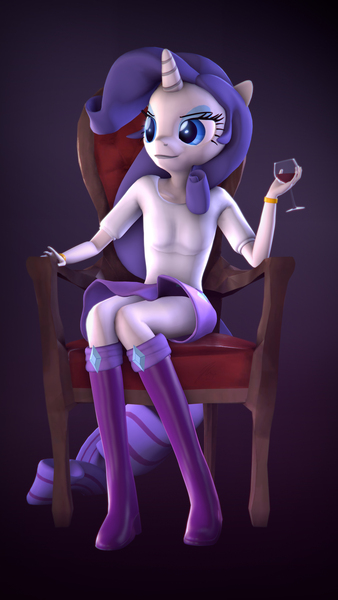 Size: 5400x9600 | Tagged: safe, artist:imafutureguitarhero, derpibooru import, part of a set, rarity, anthro, plantigrade anthro, unicorn, 3d, abstract background, absurd file size, absurd resolution, alcohol, boots, bracelet, bust, chair, chromatic aberration, clothes, equestria girls outfit, female, film grain, glass, holding, horn, jewelry, mare, portrait, shirt, shoes, signature, sitting, skirt, solo, source filmmaker, vertical, wine