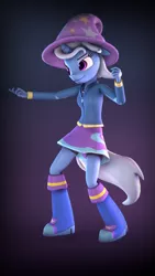 Size: 5400x9600 | Tagged: safe, artist:imafutureguitarhero, derpibooru import, part of a set, trixie, anthro, plantigrade anthro, unicorn, 3d, abstract background, absurd file size, absurd resolution, boots, bust, chromatic aberration, clothes, come here, compression shorts, equestria girls outfit, female, film grain, floppy ears, hat, hoodie, horn, jacket, mare, nose wrinkle, pants, portrait, raised eyebrow, shirt, shoes, shorts, signature, skirt, smiling, solo, source filmmaker, trixie's hat, vertical, zipper