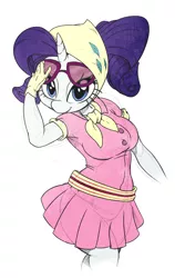 Size: 862x1361 | Tagged: anthro, artist:sunibee, breasts, busty rarity, camping outfit, clothes, colored, color edit, cute, derpibooru import, dress, edit, female, glasses, looking at you, panties, pink dress, pleated skirt, ponytail, raribetes, rarity, safe, simple background, skirt, solo, sunglasses, underwear, white background