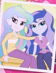 Size: 617x801 | Tagged: source needed, safe, derpibooru import, princess celestia, princess luna, equestria girls, wondercolts forever, alternate clothes, clothes, cropped, cutie mark, cutie mark on clothes, female, hand on shoulder, photo, principal celestia, royal sisters, siblings, sisters, sitting, smiling, vice principal luna, young celestia, young luna, younger