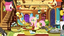 Size: 1920x1080 | Tagged: safe, derpibooru import, screencap, clementine, fluttershy, bird, ferret, giraffe, mouse, pegasus, pony, rabbit, raccoon, rodent, squirrel, yakity-sax, basket, bird house, cloven hooves, duckling, female, mare, regular show, rigby, sleeping