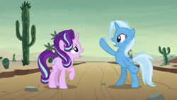 Size: 1280x720 | Tagged: safe, derpibooru import, screencap, starlight glimmer, trixie, pony, unicorn, road to friendship, animated, bipedal, cactus, chanting, cheek squish, cheek to cheek, close-up, cute, dancing, desert, diatrixes, dirty, duo, duo female, eye contact, eyes closed, fail, female, friendship chant, frown, funny, glimmerbetes, grin, gritted teeth, holding hooves, hug, image, improvisation, lidded eyes, looking at each other, looking at you, looking up, magic magic puff of smoke, mare, messy mane, mumbling, nervous, pose, raised leg, rearing, road, running, smiling, squishy cheeks, thinking, underhoof, weapons-grade cute, webm