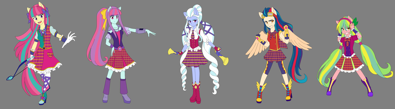 Size: 4336x1200 | Tagged: safe, artist:fantasygerard2000, derpibooru import, indigo zap, lemon zest, sour sweet, sugarcoat, sunny flare, equestria girls, alternate hairstyle, arrow, bow (weapon), bow and arrow, clothes, crystal guardian, ponied up, shadow five, weapon