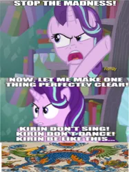 Size: 500x667 | Tagged: derpibooru import, dialogue, discovery family logo, edit, edited screencap, implied autumn blaze, kirin, no fun allowed, safe, screencap, sounds of silence, starlight glimmer, the mask, the mask: the animated series