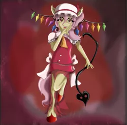 Size: 619x610 | Tagged: abstract background, anthro, artist:nightveil, artist:nightveilnocturne, crystal, derpibooru import, fangs, female, flandershy, flandre scarlet, fluttershy, red background, red eyes, safe, simple background, slit eyes, solo, touhou, unguligrade anthro, vampire, wings