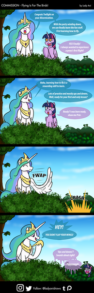 Size: 600x1855 | Tagged: safe, artist:ladyanidraws, derpibooru import, princess celestia, twilight sparkle, twilight sparkle (alicorn), alicorn, pony, behaving like a bird, comic, crashlight, duo, female, flying lesson, hoof shoes, mare, patreon, patreon logo, pun, starry eyes, swirly eyes, tree, trollestia, twilight can't fly, wingding eyes