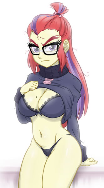 Size: 620x1120 | Tagged: suggestive, artist:ta-na, derpibooru import, moondancer, equestria girls, baubles, beauty mark, belly button, big breasts, black panties, black underwear, bra, breasts, busty moondancer, cleavage, clothes, curvy, equestria girls-ified, eyebrows, eyelashes, female, frown, glasses, hair tie, hand on chest, looking at you, mole, open clothes, panties, sexy, shirt, shirt lift, simple background, sitting, solo, sweater, thick, thick eyebrows, thighs, thong, thunder thighs, tsundancer, tsundere, turtleneck, underwear, white background