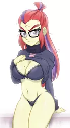 Size: 620x1120 | Tagged: suggestive, artist:ta-na, derpibooru import, moondancer, equestria girls, baubles, beauty mark, belly button, big breasts, black panties, black underwear, bra, breasts, busty moondancer, cleavage, clothes, curvy, equestria girls-ified, eyebrows, eyelashes, female, frown, glasses, hair tie, hand on chest, looking at you, mole, open clothes, panties, sexy, shirt, shirt lift, simple background, sitting, solo, sweater, thick, thick eyebrows, thighs, thong, thunder thighs, tsundancer, tsundere, turtleneck, underwear, white background