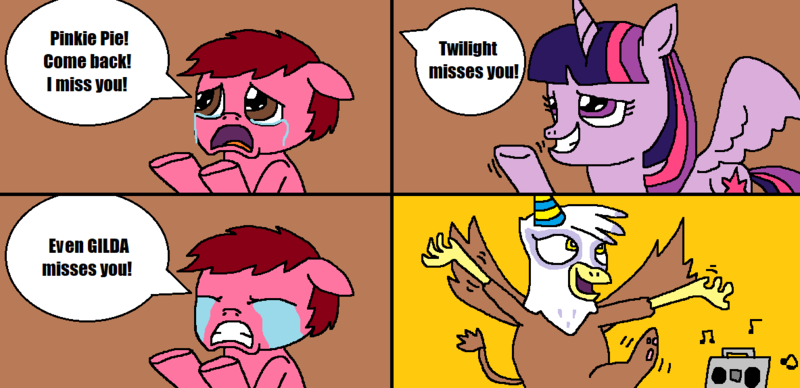 Size: 1183x574 | Tagged: safe, artist:logan jones, derpibooru import, gilda, twilight sparkle, twilight sparkle (alicorn), oc, oc:logan berry, alicorn, gryphon, boombox, comic, crying, dancing, female, hat, implied pinkie pie, male, music notes, nature pants, party hat, partying, sad, spongebob squarepants, waving