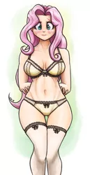 Size: 931x1800 | Tagged: adorasexy, arm behind back, artist:king-kakapo, belly button, big breasts, blushing, bow, bra, breasts, busty fluttershy, cleavage, clothes, cute, derpibooru import, embarrassed, embarrassed underwear exposure, female, fluttershy, frilly, frilly underwear, human, humanized, lace, lingerie, midriff, panties, sexy, socks, solo, solo female, stockings, suggestive, thigh gap, thigh highs, thighs, underass, underwear, wide hips, yellow underwear