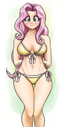 Size: 931x1800 | Tagged: arm behind back, artist:king-kakapo, belly button, bikini, blushing, bow, breasts, busty fluttershy, cleavage, clothes, derpibooru import, embarrassed, female, fluttershy, frilled swimsuit, human, humanized, midriff, sexy, side-tie bikini, solo, solo female, suggestive, swimsuit, thigh gap, underwear