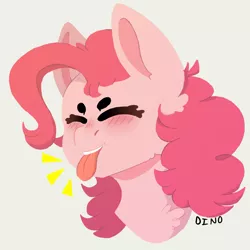 Size: 1024x1024 | Tagged: safe, artist:dino_horse, deleted from derpibooru, derpibooru import, pinkie pie, earth pony, pony, beanbrows, blushing, bust, chest fluff, cute, diapinkes, eyebrows, eyes closed, female, fluffy, mare, portrait, simple background, solo, tongue out