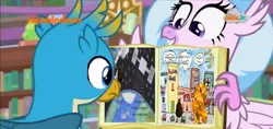 Size: 1569x738 | Tagged: bob, book, derpibooru import, edit, edited screencap, gallus, safe, screencap, silverstream, smg4, the book of bob, what lies beneath