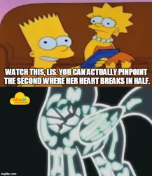 Size: 500x576 | Tagged: alicorn, bart simpson, bone, clothes, coach, crossover, derpibooru import, dialogue, edit, edited screencap, father knows beast, female, heart, heartbreak, human, i love lisa, lisa simpson, logo, mare, meme, nickelodeon, nick jr., parody, remote, safe, screencap, text, the simpsons, twilight sparkle, twilight sparkle (alicorn), x-ray, x-ray picture